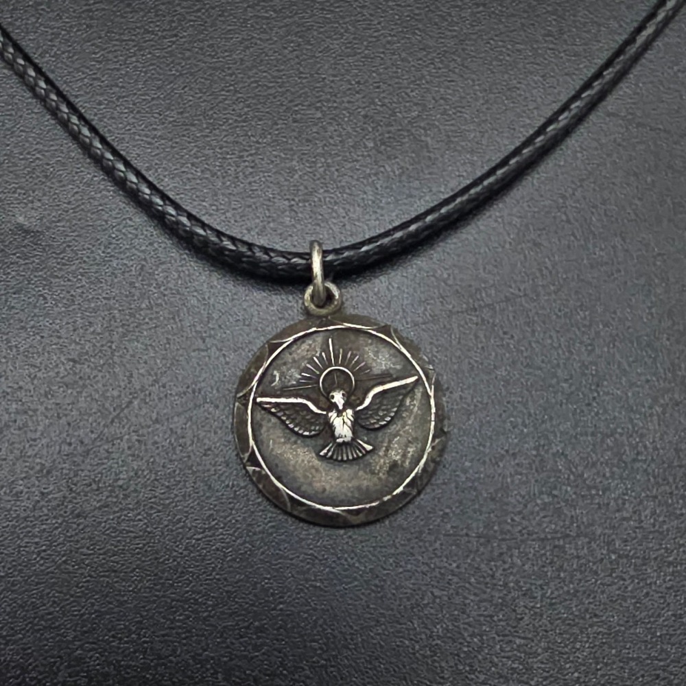 Sterling Silver Holy Ghost Enlighten Me Pendant Necklace Black Cord Vintage